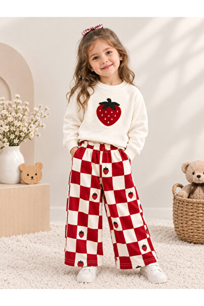 Mini Moos Kız Çocuk Pamuklu Çilek Nakışlı Ekru Sweatshirt & Çilekli Dama Dese...