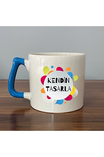 Mor Mürekkep Kendin Tasarla Baskılı Mavi Kulplu Prime Kupa Bardak Fincan Mug