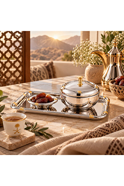 Dania طقم تقديم فاخر 3 قطع بتصميم فضي ولمسات ذهبية – صينية 24×15 سم + وعاء تق...