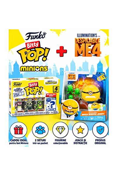 Minions Set de figurine, Funko Bitty POP! Pachet de 4 + Mega Minion Jerry Crash & Roll, 4+ ani, multicolor