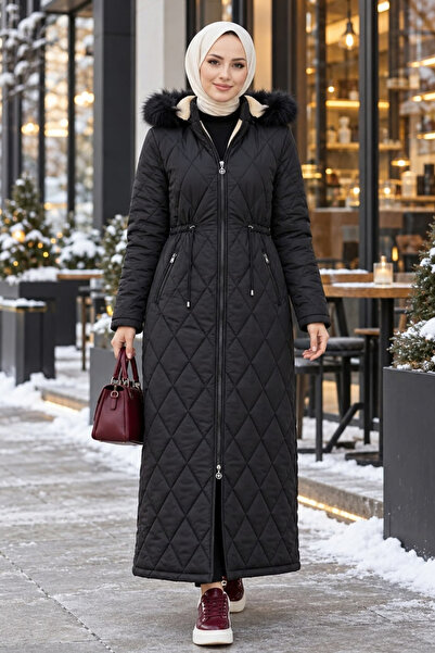 Hb Harma Time Butik معطف نسائي مبطن باللون الأسود مع قلنسوة وفرو من الداخل