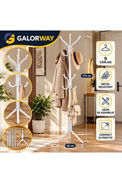 GALORWAY Cuier Metalic de Podea cu 9 Cârlige, 175 × 45 cm, pentru Haine și Genți, Alb