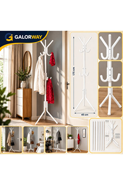 GALORWAY Cuier Metalic de Podea cu 9 Cârlige, 175 × 45 cm, pentru Haine și Genți, Alb