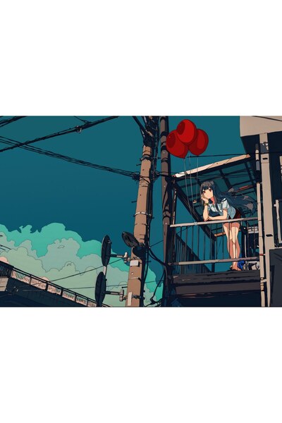 OEM Poster Fată Anime Cu Baloane Stând Pe Un Balcon, 61x90 cm, poster7805
