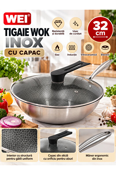 Generic Brand Ανοξείδωτο τηγάνι γουόκ με καπάκι WEI A-14965, 32 εκ., Ανοξείδω...