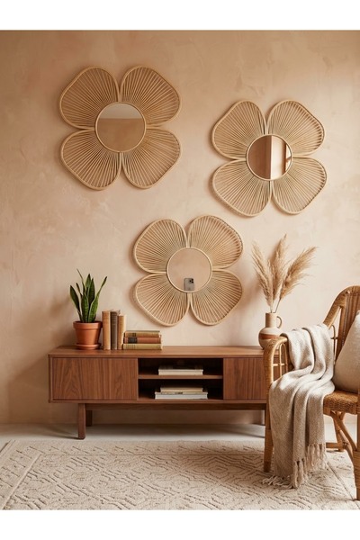 3'lü Rattan Çiçek Aynası Seti - Dekoratif Rattan Duvar Aynası - Bohem Ev Aksesuarı