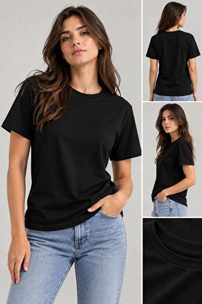 Generic Brand Men's Unisex Oversize Basic T-Shirt Black Regular Fit Crew Neck