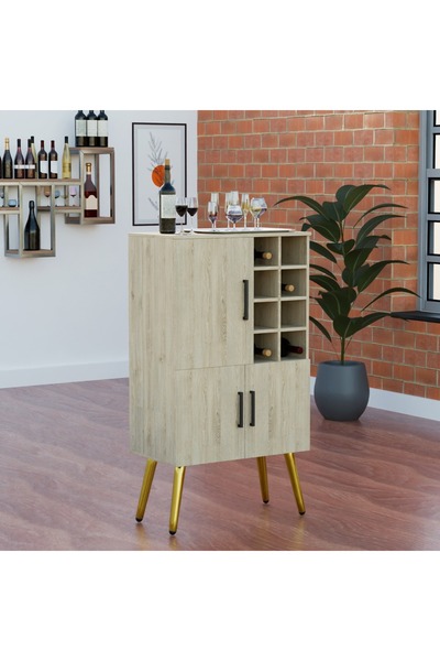 Mahmayi Home Bar Cabinet with Liquor Bottle Rack Wooden Storage Cabinet with 8 Bottle Storage Open Compartments Ideal for Home Bar, Living Room - Natural Davos Oak