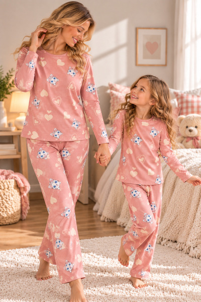 Free Beka Crew Neck Stylish Patterned Comfortable and Flexible Fabric Long Sleeve Mother-Daughter Combination Pajama Set