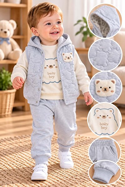 gültekin bebe Baby Hi Ayıcıklı Şişme Yelekli Erkek Üçlü Takım 9-18 Aylık -DÜ6...