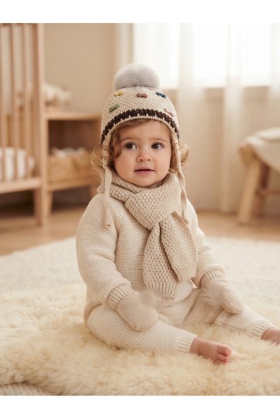 Kitti 0-18 Ay Kız Bebek Polarlı Kulak Kapama Detaylı Atkı Bere Eldiven-Bej