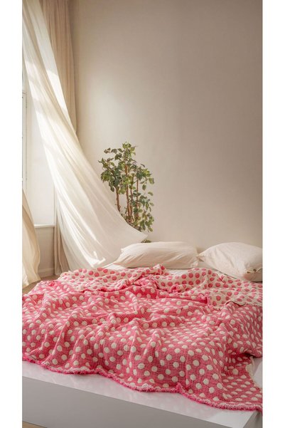 MYLASA HOME 100% Cotton Polka Dot Patterned Fringed Muslin Quilt & Bedspread ...