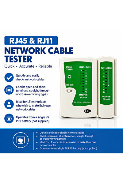 Generic جهاز اختبار كابلات الشبكة RJ45 و RJ11 طراز BS-468 مع مؤشرات LED لاختبار كابلات الشبكة المحلية والإيثرنت والهاتف