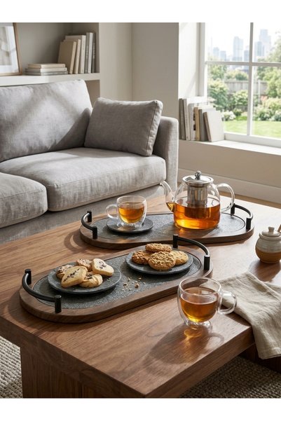 Generic Elegant Design Modern Style Grey/ Wooden Oval Serving Tray Set