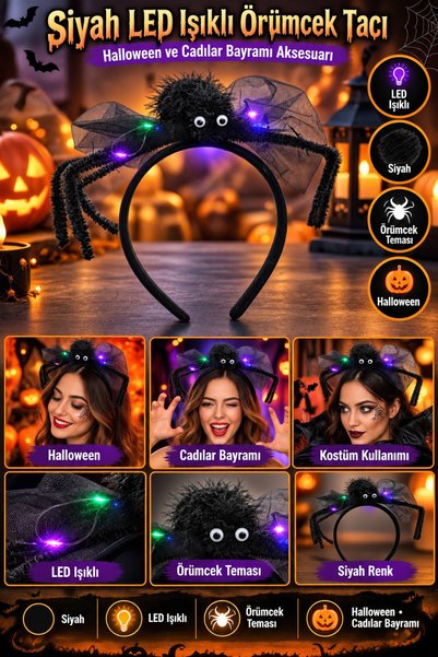 DODOMAR Siyah LED Işıklı Örümcek Tacı Halloween Cadılar Bayramı Parti Kostüm ...