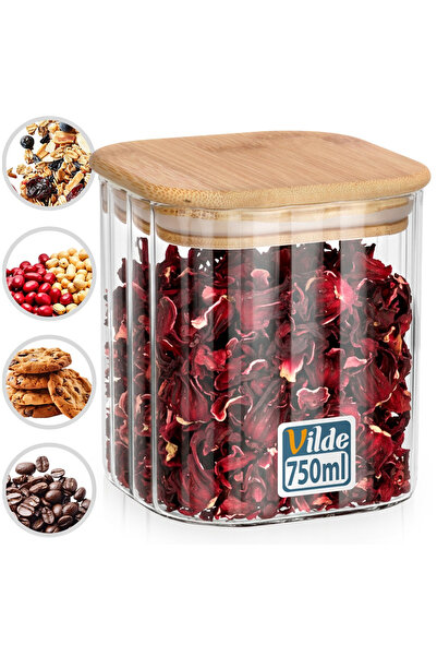 Vilde Recipient Sticla, 750 ml, 10x10x11 cm, Capac Lemn Cu Garnitura, Transpa...