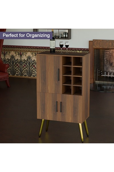 Mahmayi Home Bar Cabinet with Liquor Bottle Rack Wooden Storage Cabinet with 8 Bottle Storage Open Compartments Ideal for Home Bar, Living Room - Dark Hunton Oak