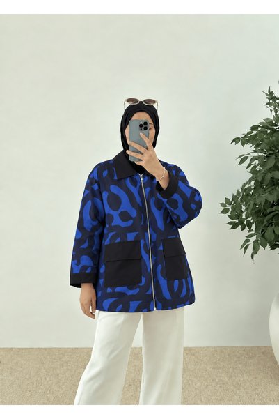 Hepsi Moda Patterned Pocket Cover Trench - 7010 - Blue & Black