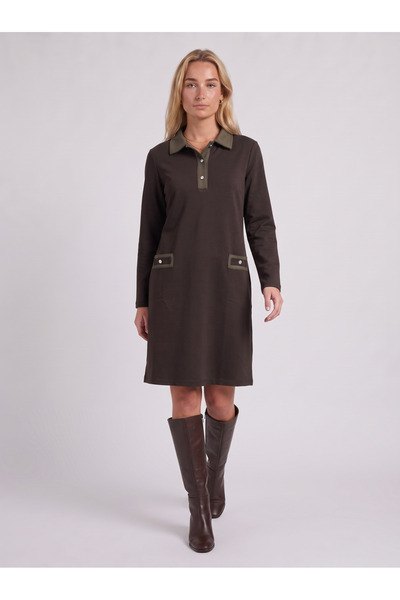 Bold & Young Rochie de damă maro kaki, cu detalii, guler cu nasturi și buzunare, din țesătură de oțel
