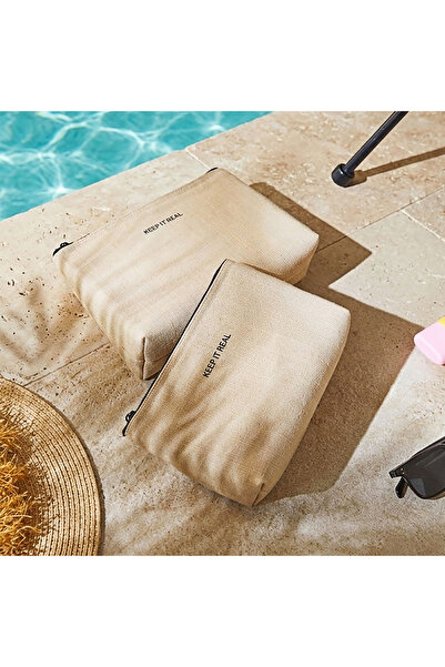 Ocean Home Textile Termal Yalıtımlı Güneşten Koruyan Su İtici Leke Tutmaz Jüt Keten Makyaj İlaç Çantası Seti 19x13x7 / 23x16x7