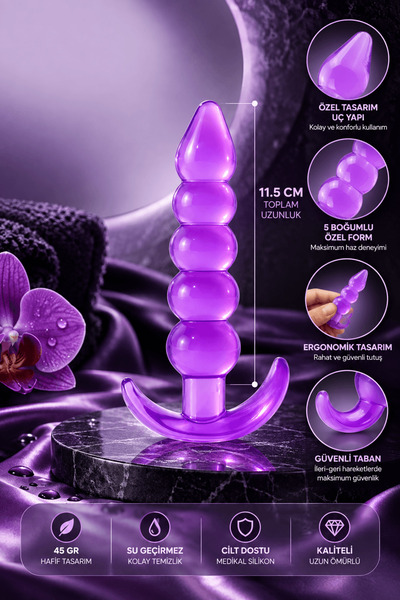 11.5 cm 5 Boğumlu Ergonomik Mor Medikal Silikon Unisex Anal Plug