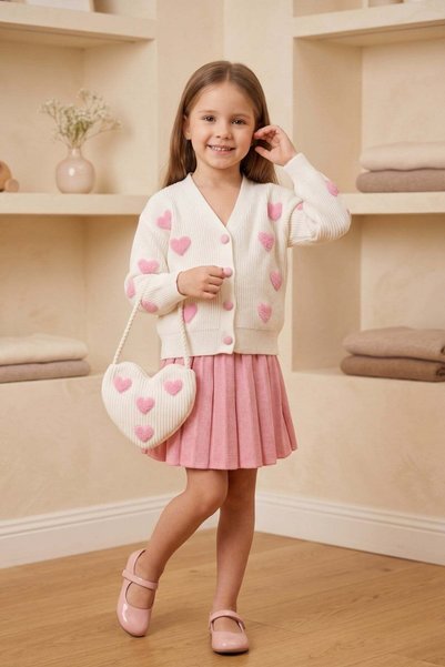 NEWKİDS Girl's Suit with Skirt and Cardigan, Long Sleeve, Heart-Patterned Skirt with Trim Detail Pmb. New Season