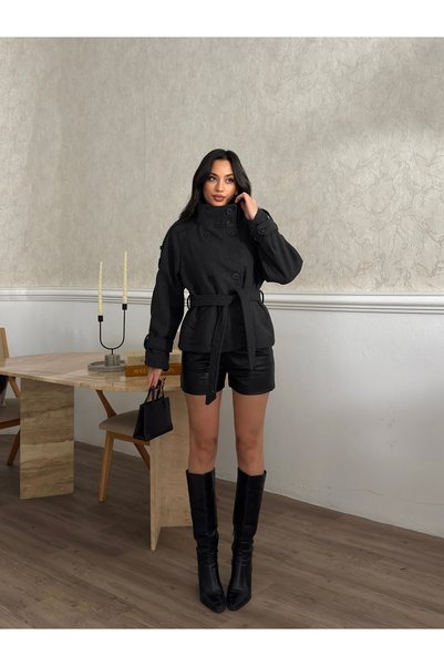 Ekim Store Dik Yaka Düğmeli Kuşaklı Kaşe Ceket