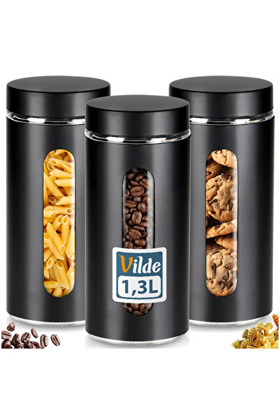 Vilde Set 3 Recipiente Alimentare, 1.3 L, Negru/Transparent, Sticla/Plastic, ...