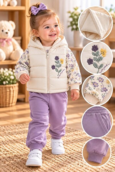 gültekin bebe Baby Hi Süzine Çiçekli Şişme Yelekli Kız Üçlü Takım 9-18 Aylık ...