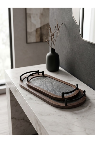 Generic Elegant Design Modern Style Grey/ Wooden Oval Serving Tray Set