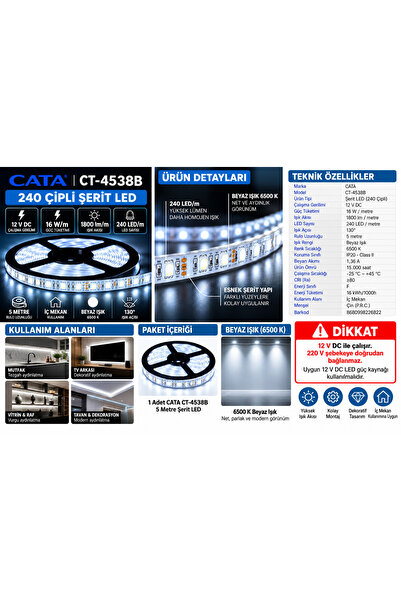CT-4538 240 LED/m Beyaz Şerit LED 5 Metre 12V 16W/m 6500K 1800 Lümen