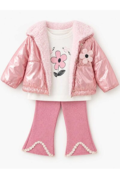 Generic Brand Girl's Pink Shiny Puffy Coat, Floral Print T-Shirt, and Spanish...