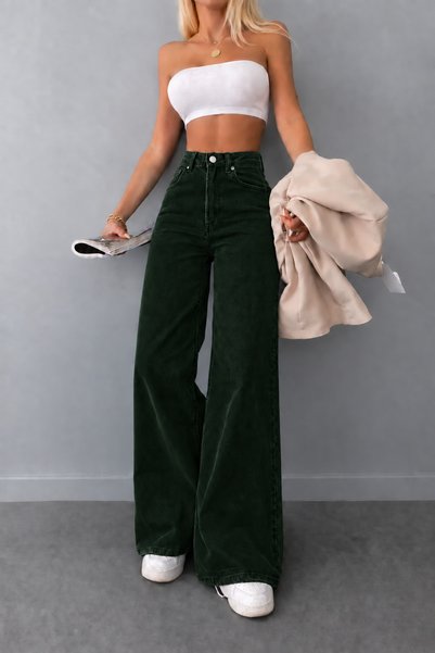connemara Women's Dark Green High Waist Wide Leg Palazzo Jean Trousers