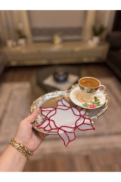 LUXURY Sultan Çiçeği – Kırmızı Boncuk İşlemeli El Emeği Kahve Yanı Sunum Peçe...