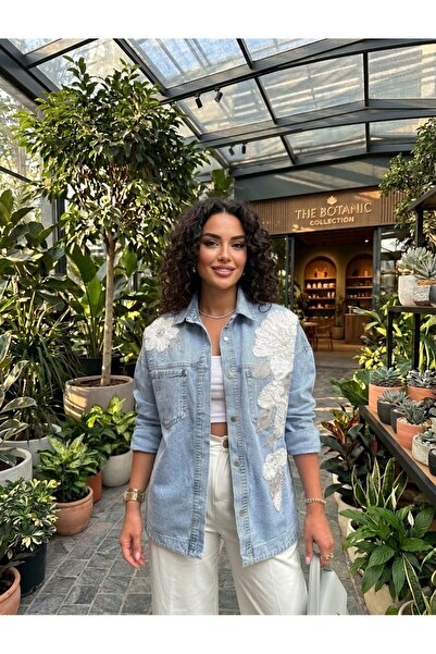 LUMI Kadın Çiçek Nakış İşlemeli Oversize Kot Ceket | Denim Gömlek Ceket