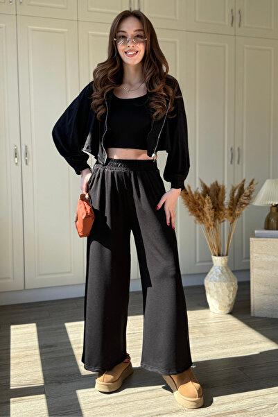 Dilay Gökoğlu Butik 3'lü Modal Kumaş Kapüşonlu Hırka Bluz Pantolon Takım