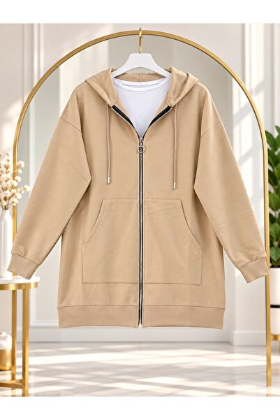 modasindoma Women's Hooded Zipper Sweatshirt Beige