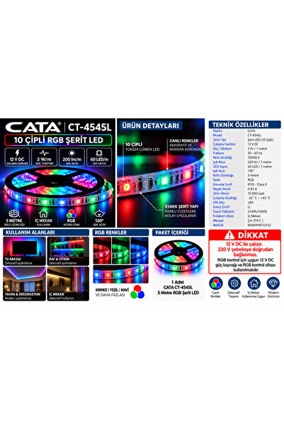 CT-4545L 10 Çipli RGB Şerit LED 5 Metre 12V 3W/m 60 LED/m İç Mekan