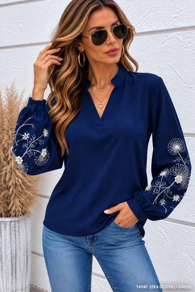 JANES Women's Long Sleeve V-Neck Sleeves Floral Pattern Viscose Two Thread Bl...