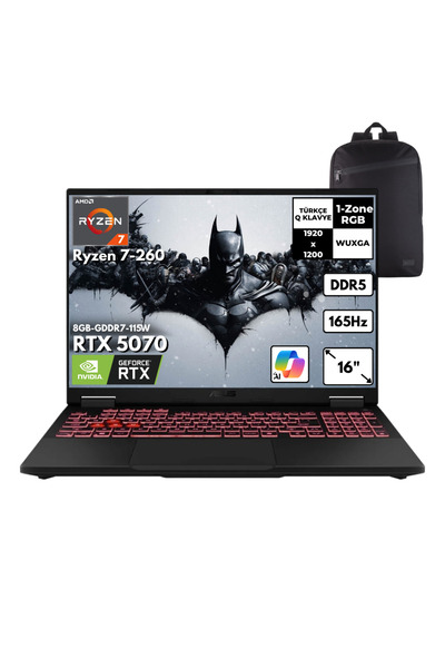 TUF A16 Ryzen 7-260 32-GBDDR5 2 TBSSD RTX5070 (8GB-GDDR7-115W) 16" WUXGA 165Hz Windows 11 Home + HMF Sırt Çantası FA608UP-RV199HMF37