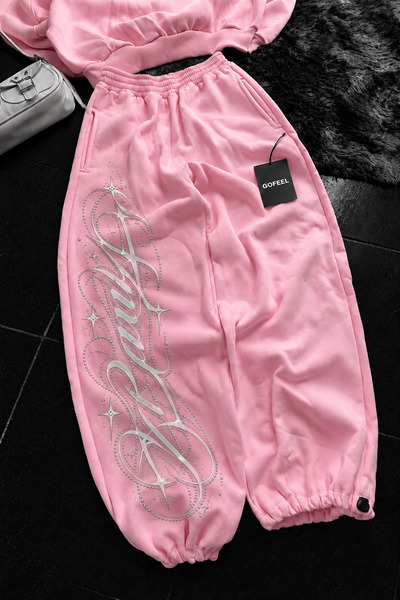 Gofeel Pink Dpany Stone Printed Baggy Unisex Sweatpants