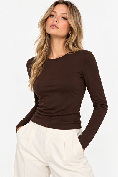 Nuevo Brown Long Sleeve Basic T-Shirt - Blouse -