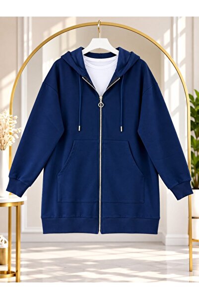 modasindoma Women's Hooded Zippered Sweatshirt Navy Blue