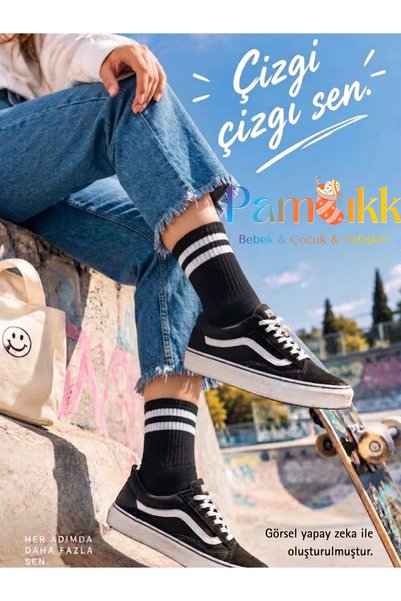 PAMBIK AYAKLAR 6 Çift Siyah Unisex Fitilli Spor Çorap - Çizgili Tenis Çorabı