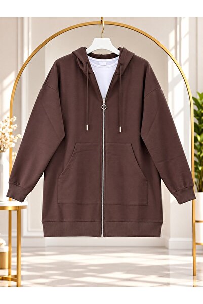 modasindoma Women's Hooded Zipper Sweatshirt Brown