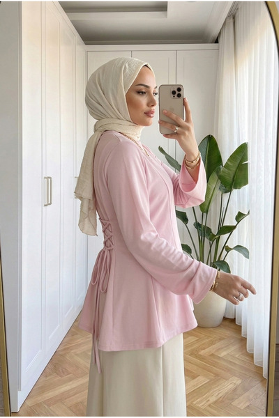 Kirazca Butik Women's Tunic Blouse with Crossed Lace-Up Back and Corsage Deta...