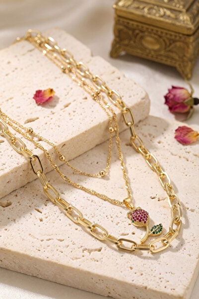 LuxeGem Gold Color Tulip Detailed Combination Women's Necklace