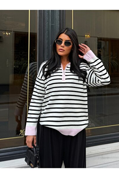 LE CARAMBOLE Women's Pink Zippered Striped Polo Collar Premium Knitwear Sweater