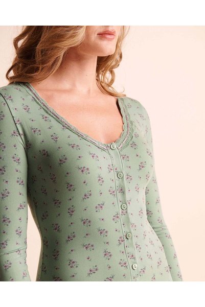 La Vie en Rose Floral Bouquet Print Lace-Trim Super Soft Long Sleeve Romper