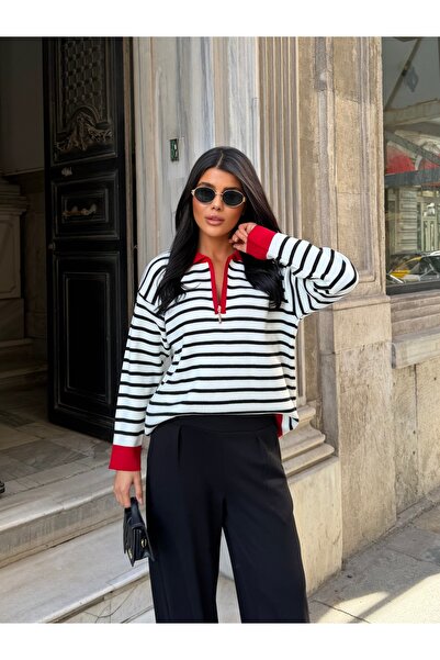 LE CARAMBOLE Women's Red Zippered Striped Polo Collar Premium Knitwear Sweater